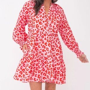 MAHI GOLD Megan Dress Linen Animal Print Pink Red Puff Sleeve Size XS
